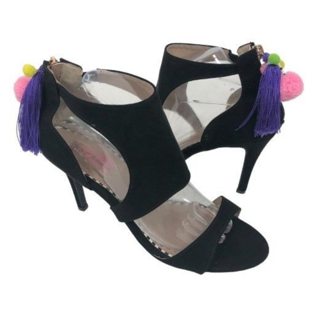 Betsey Johnson Ryan Heels Black Suede Pom Pom Stilettos Shoes NWOB Size 8.5